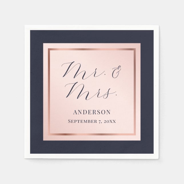 Navy Blue Blush Rose Gold Elegant Script Wedding Napkin (Front)