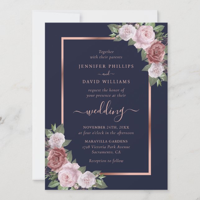 Navy Blue Blush Rose Gold Floral Wedding Invitation (Front)