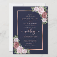 Navy Blue Blush Rose Gold Floral Wedding