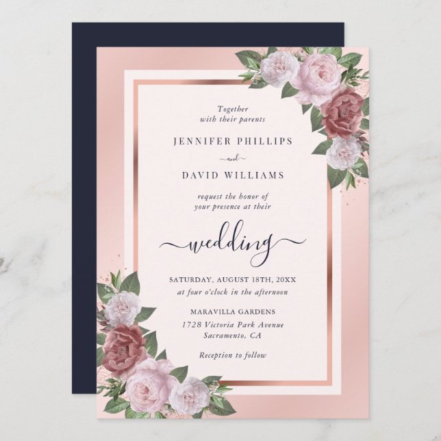 Navy Blue Blush Rose Gold Floral Wedding Invitation (Front/Back)