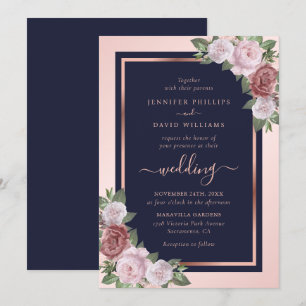Navy Blue Blush Rose Gold Floral Wedding Invitation