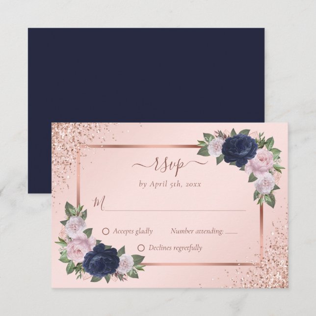 Navy Blue Blush Rose Gold Floral Wedding RSVP Card (Front/Back)