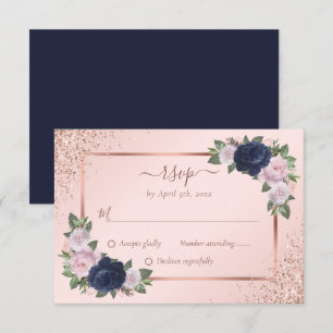 Navy Blue Blush Rose Gold Floral Wedding RSVP Card