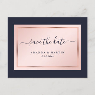 Navy Blue Blush Rose Gold Wedding Save The Date Announcement Postcard