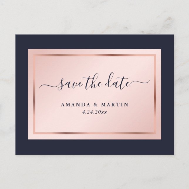 Navy Blue Blush Rose Gold Wedding Save The Date Announcement Postcard (Front)
