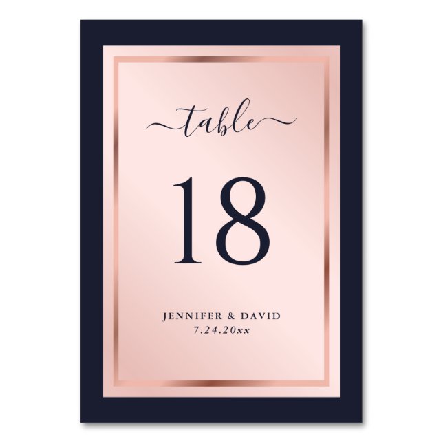 Navy Blue Blush Rose Gold Wedding Table Number (Front)