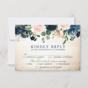 Navy Blue Blush Rose Rustic Country Botanical RSVP Card