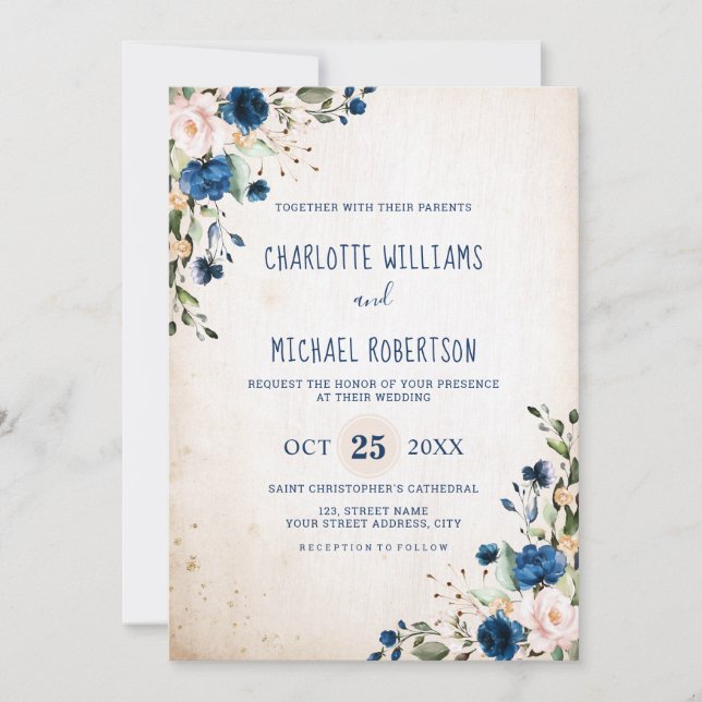 Navy Blue Blush Rose Rustic Country Floral Wedding Invitation (Front)