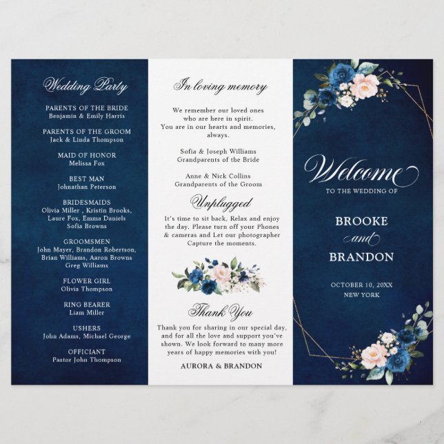 Navy Blue Blush Rose Trifold Wedding Program (Front)