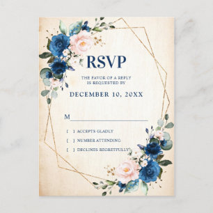 Navy Blue Blush Rustic Country Geometric RSVP Postcard