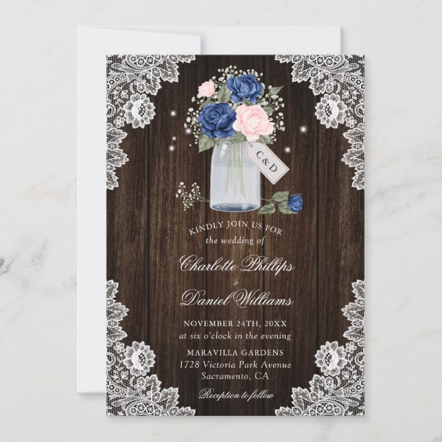Navy Blue Blush Rustic Country Wood Floral Wedding Invitation (Front)