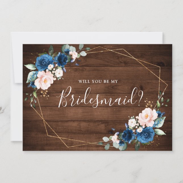 Navy Blue Blush Rustic Will You Be My Bridesmaid Invitation (Front)