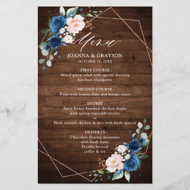 Navy Blue Blush Rustic Wood Geometric Wedding Menu (Front)
