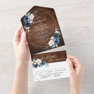 Navy Blue Blush Rustic Wood Gold Geometric Wedding All In One Invitation