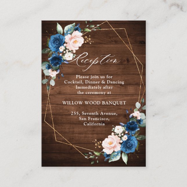 Navy Blue Blush Rustic Wood Gold Geometric Wedding Enclosure Card (Front)