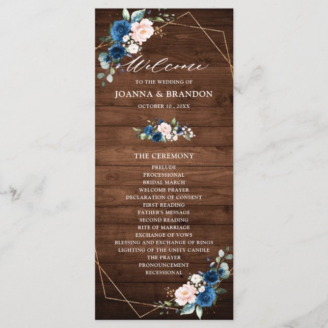 Navy Blue Blush Rustic Wood Gold Geometric Wedding Programme (Front)