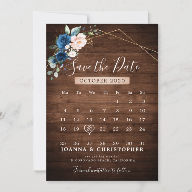 Navy Blue Blush Rustic Wood Gold Geometric Wedding Save The Date (Front)