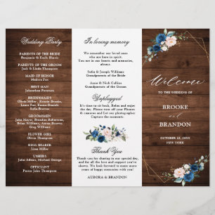 Navy Blue Blush Rustic Wood Gold Wedding Program