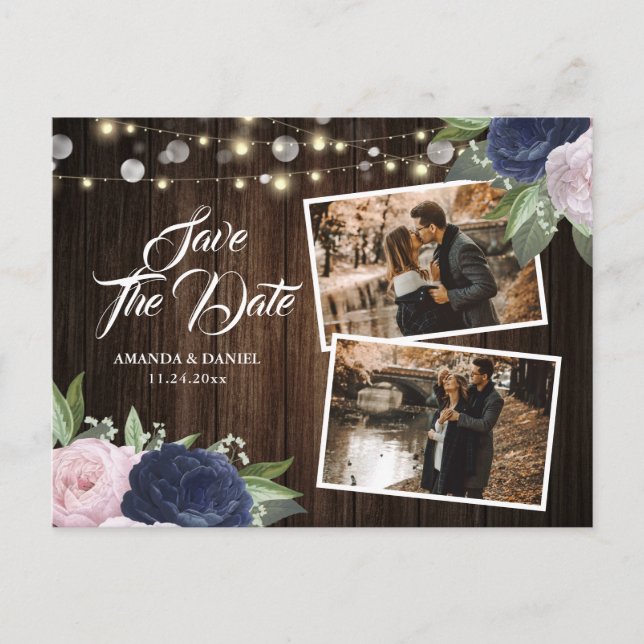 Navy Blue Blush Save The Date Photo Postcard (Front)