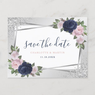 Navy Blue Blush Silver Floral Geometric Wedding Announcement Postcard