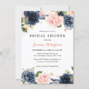 Navy Blue Blush Watercolor Floral Bridal Shower In Invitation
