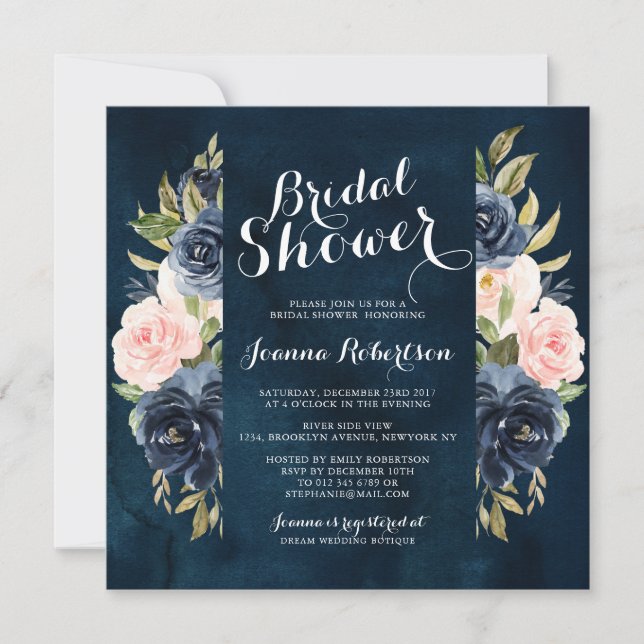 Navy Blue Blush Watercolor Floral Bridal Shower Invitation (Front)