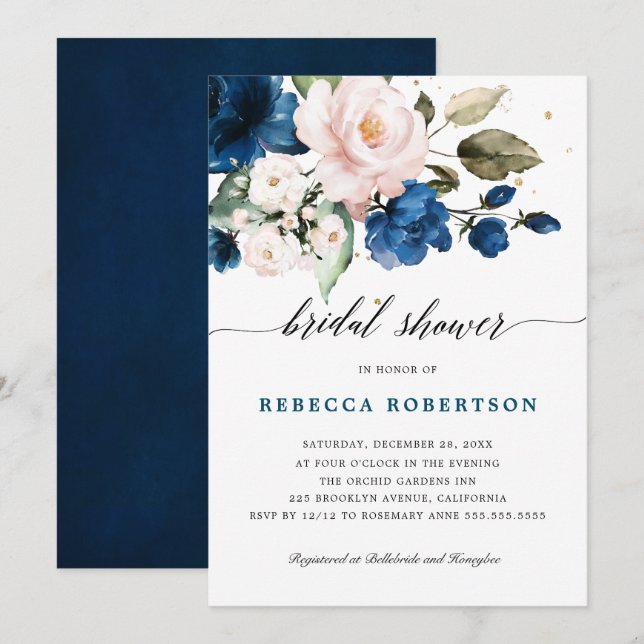 Navy Blue Blush Watercolor Floral Bridal Shower Invitation (Front/Back)
