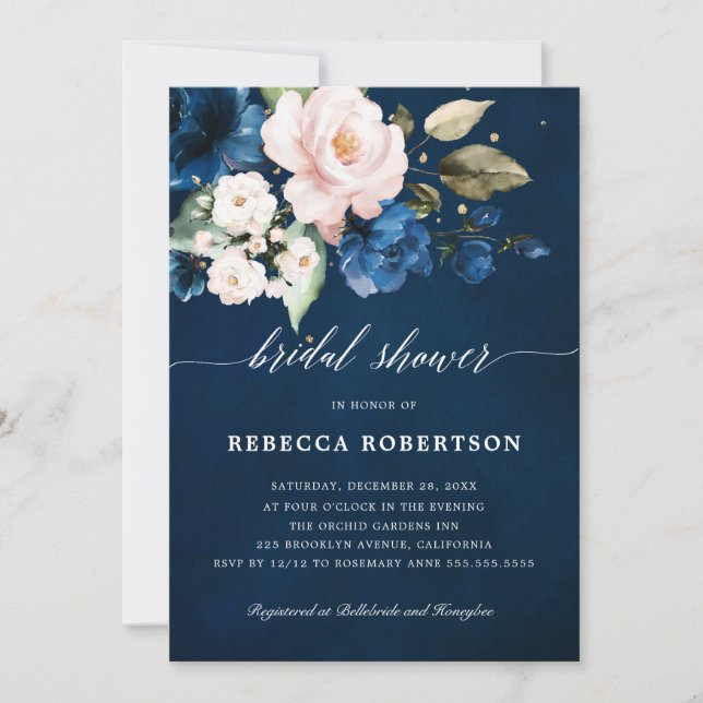 Navy Blue Blush Watercolor Floral Bridal Shower Invitation (Front)