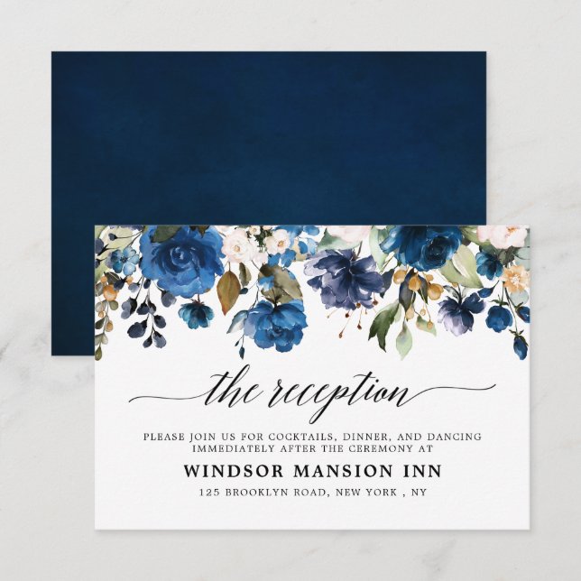 Navy Blue Blush Watercolor Floral Reception Detail Invitation (Front/Back)