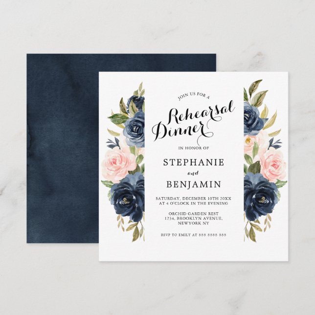 Navy Blue Blush Watercolor Floral Rehearsal Dinner Invitation (Front/Back)