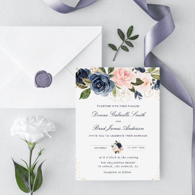 navy blue & blush watercolor floral wedding invitation (Creator Uploaded)