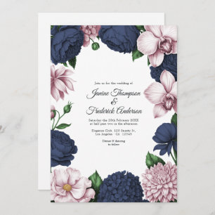Navy Blue & Blush Watercolor Floral Wedding Invitation