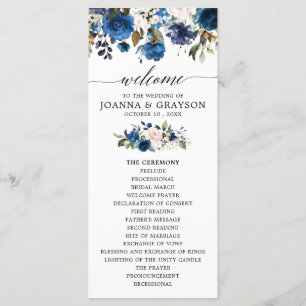 Navy Blue Blush Watercolor Floral Wedding Program Programme
