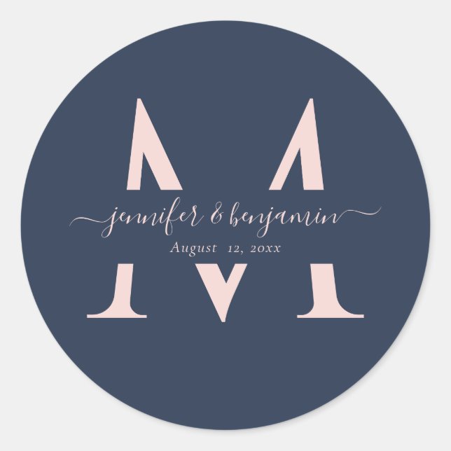 Navy Blue Blush Wedding Monogram Envelope Seals (Front)