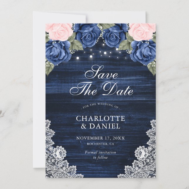 Navy Blue Blush Wood Lace Floral Wedding Photo Save The Date (Front)
