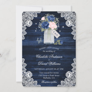 Navy Blue Blush Wood Mason Jar Floral Wedding Invitation