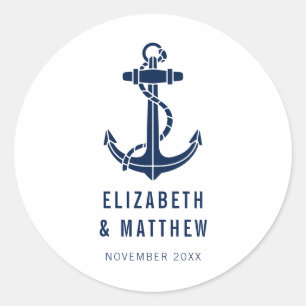 Navy Blue Boat Anchor Beach Wedding Custom Classic Round Sticker