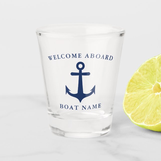 Navy Blue Boat Anchor Welcome Aboard Nautical Shot Glass (Front)