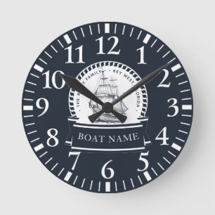 Navy Blue Boat Family Name Round Clock