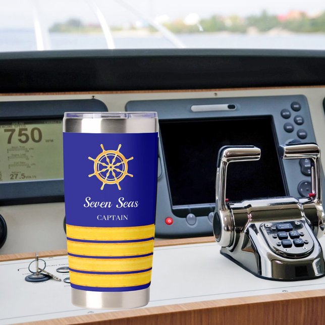 Navy blue boat name gold steering wheel stripes insulated tumbler (Creator Uploaded)