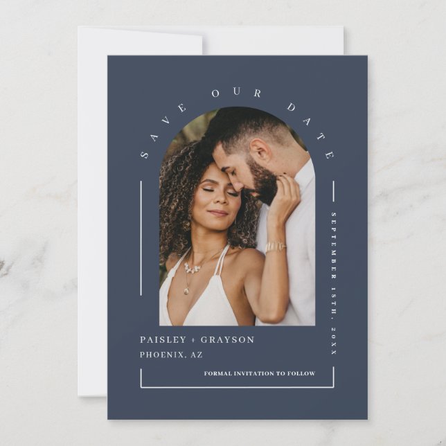 Navy Blue Boho Arch Photo QR Code Save Our Date In Invitation (Front)