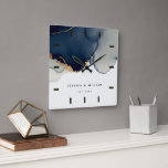 Navy Blue Boho Beach Wedding Anniversary Keepsake Square Wall Clock<br><div class="desc">A modern,  simple,  classy,  elegant,  personalised wedding anniversary keepsake clock featuring a watercolor design in navy blue,  teal and gold (digital effect). A nice custom wedding or anniversary gift for a young - and young at heart - couple celebrating their 1st,  3rd,  5th,  10,  25th or 50th anniversary.</div>