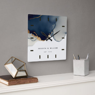 Navy Blue Boho Beach Wedding Anniversary Keepsake Square Wall Clock