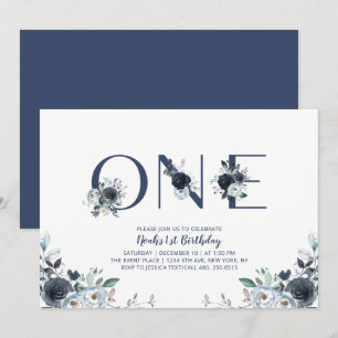 Navy Blue Boho Chic Floral Boy 1st Birthday Party Invitation
