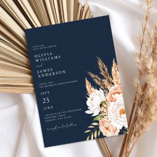 Navy Blue Boho Chic Floral Wedding  Invitation