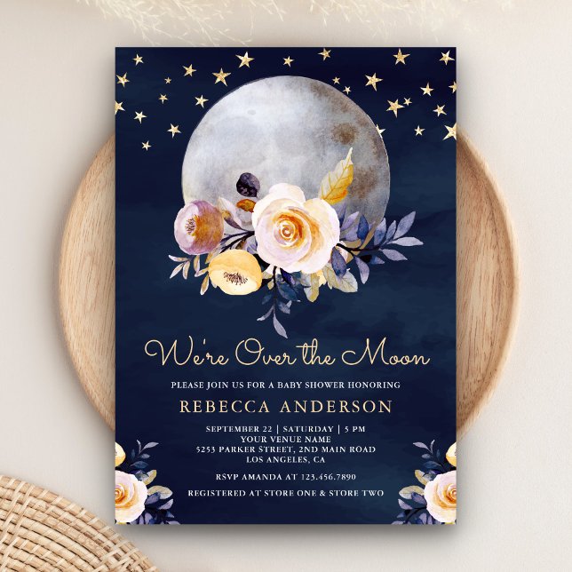 Navy Blue Boho Earthy Floral Moon Baby Shower Invitation (Creator Uploaded)