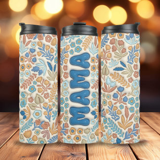 Navy Blue Boho Floral 3D Effect Mama Thermal Tumbler