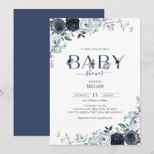 Navy Blue Boho Floral Baby Shower Invitation