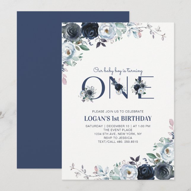 Navy Blue Boho Floral Boy 1st Birthday Party Invitation (Front/Back)