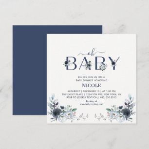 Navy Blue Boho Floral Boy Baby Shower Square Invitation